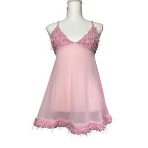 Y2K Spoiled Angel Pink Feather Trim Babydoll Chemise Lingerie Dress‎ Size Large